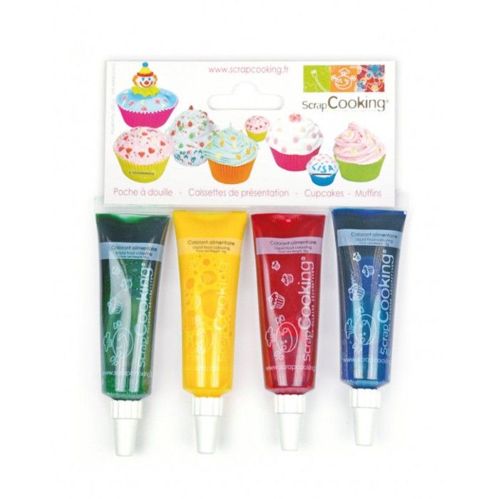 Envase de 4 colorantes alimentarios líquidos (azul, rojo, amarillo, verde)