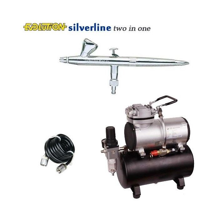 Paquete de aerógrafo Silverline Evolution dos en uno (0,2/0,4 mm) + compresor RM 3500